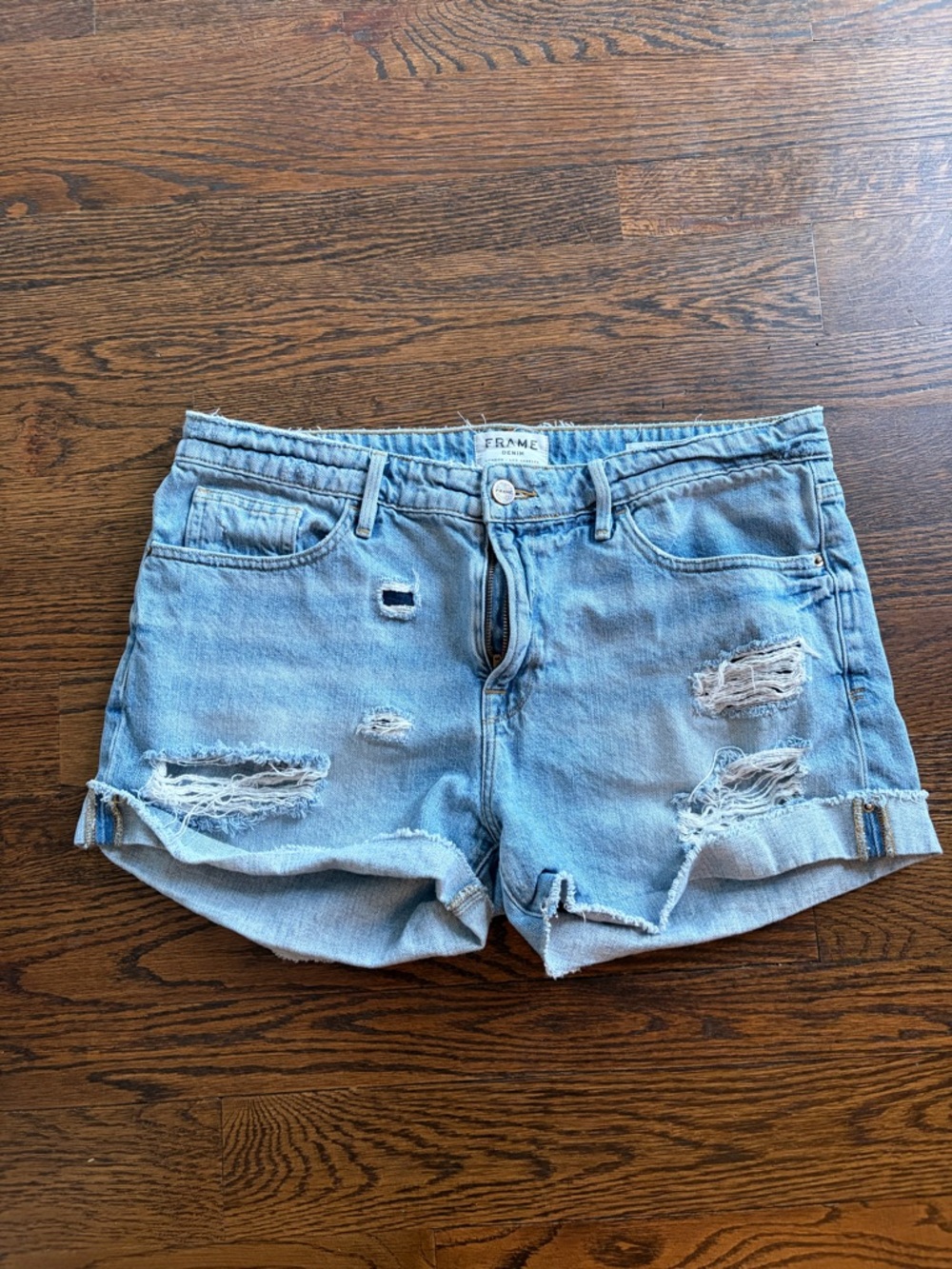 Frame Denim Faded Light Blue Distressed Cutoff Shorts